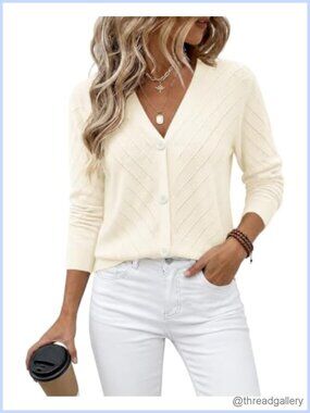 Lightweight Button Up V Neck Knit Cardigan Sweater Openwork Crochet